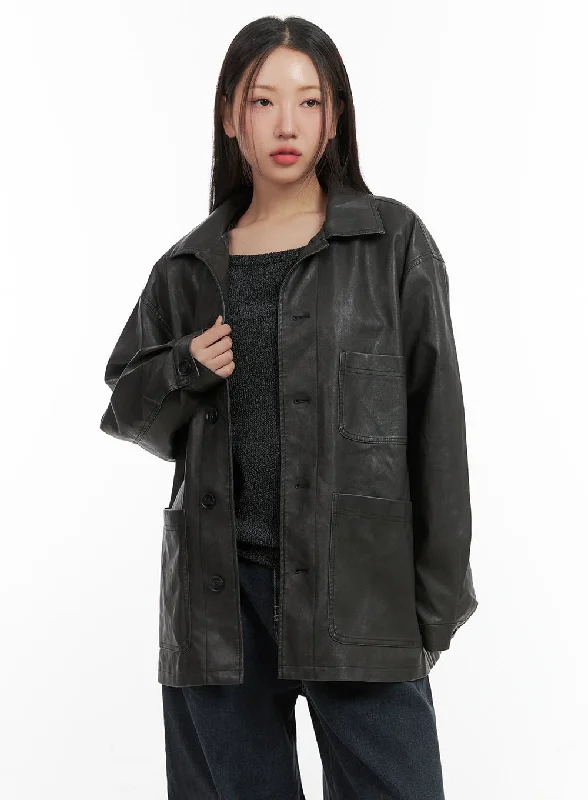 Comfortable and simple Buttoned Faux Leather Jacket CO417