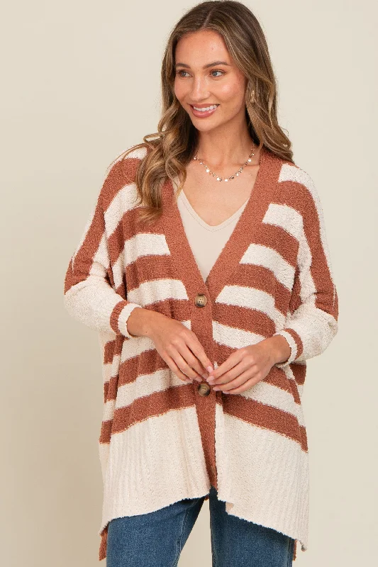 Knowledge And Elegance Mocha Textured Knit Striped Oversized Cardigan