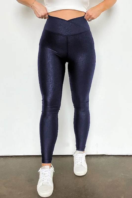 Single item design Navy Blue Crossed Waist Leather Leggings