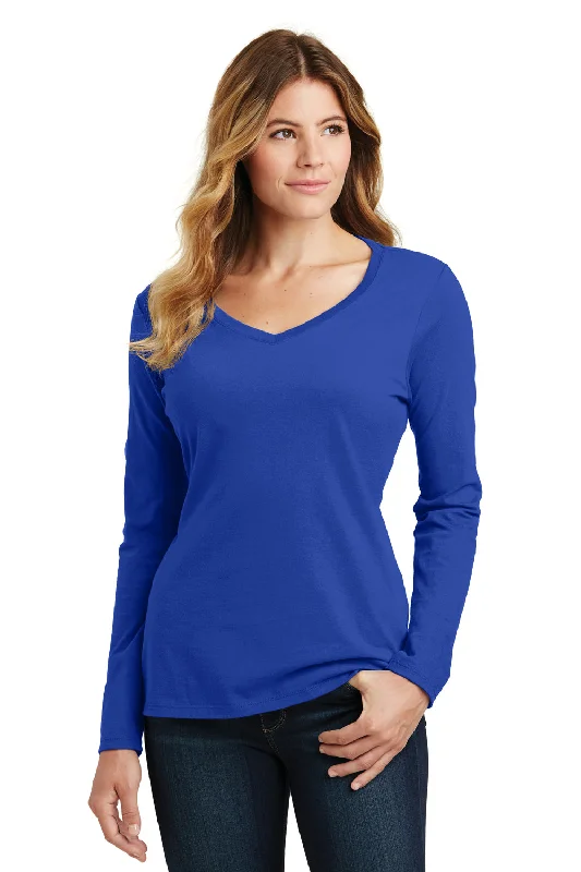 Classic Retro Port & Company Womens Fan Favorite Long Sleeve V-Neck T-Shirt - True Royal Blue