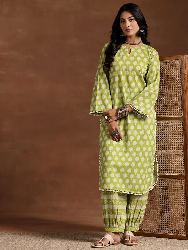 Fun and cute Green Printed Cotton Straight Kurta Set