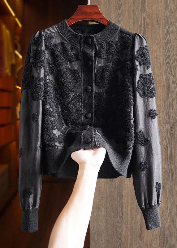 Personalized print French Black O-Neck Button Silk Wool Patchwork Knit Coat Long Sleeve