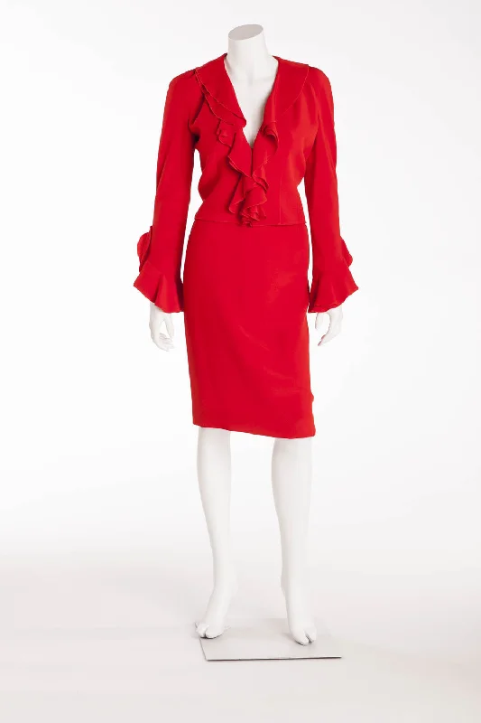 Sweet Chiffon Style Valentino - 3PC Red Skirt, Ruffle Jacket, Pants - IT 40