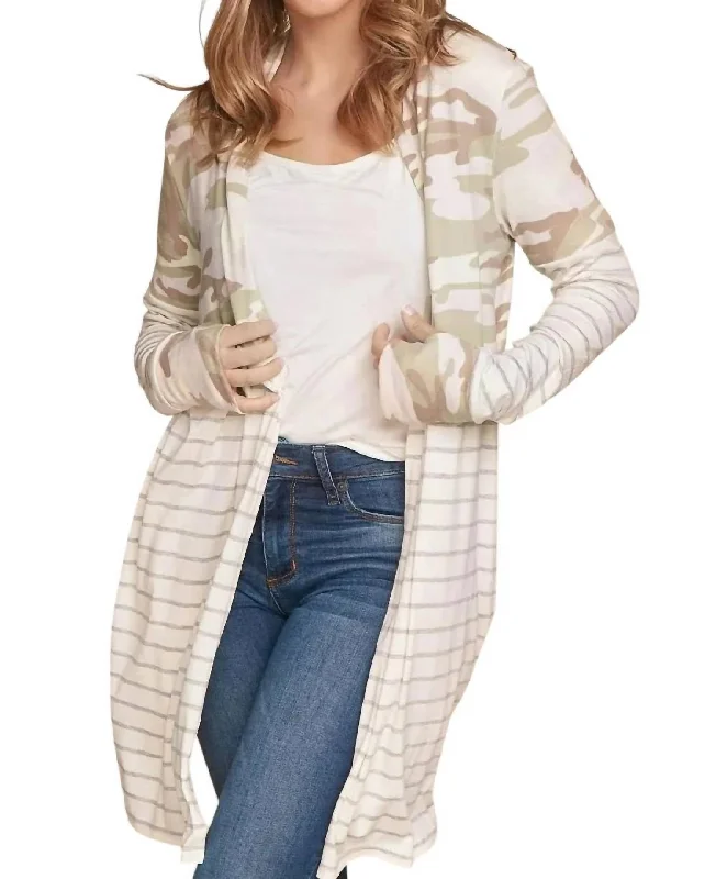 Casual And Versatile Open Cardigan In Camo Stripe