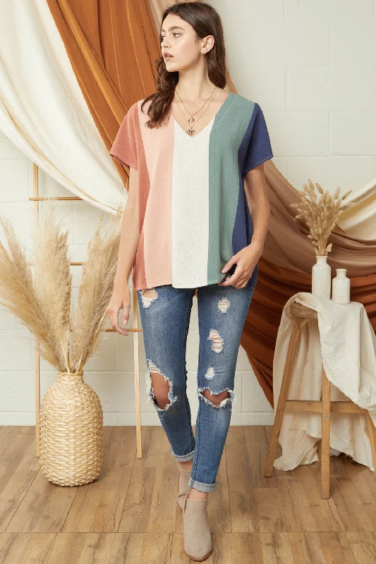 Comfortable And Simple Color Block Top, Ginger