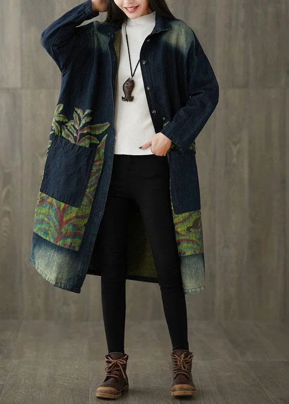 Fashion Style Boutique Navy Peter Pan Collar Pockets Button Print Fall Denim Long Sleeve Trench Coat