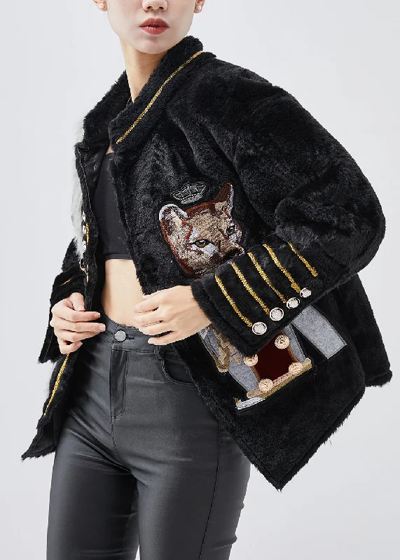 Cool Style Modern Black Embroideried Patchwork Faux Fur Jackets Winter