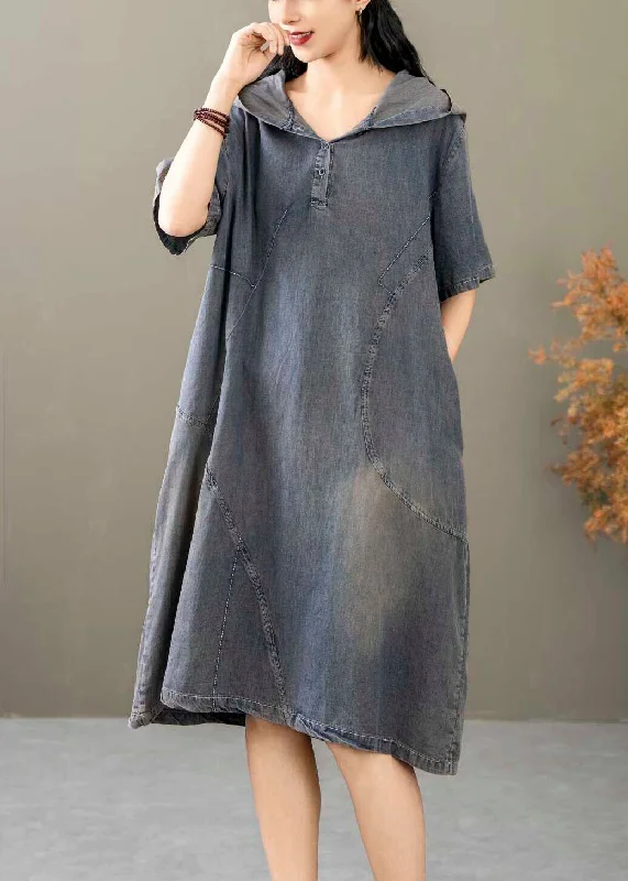 Literary Style French Blue Hooded Button Denim Dresses Summer