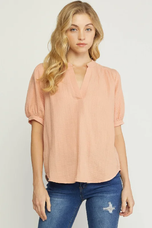 Sports Functional Style Textured Cotton Gauze Top, Peach