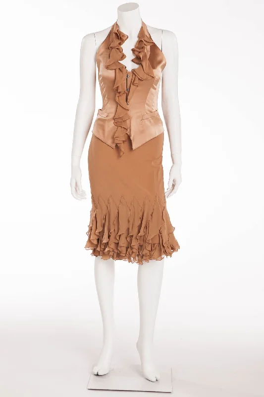 Party Wear Roberto Cavalli - 2PC Taupe Satin Bustier and Skirt with Ruffles - S