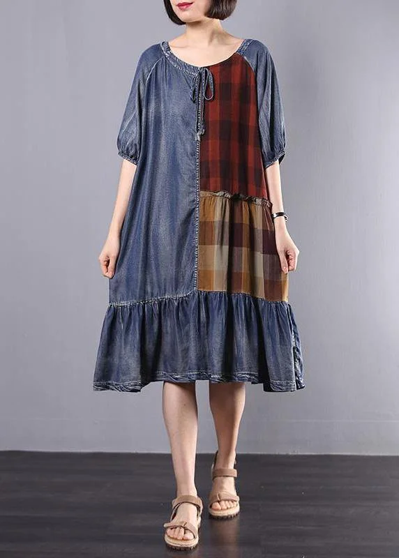 Boutique display Women Cotton Tunics Indian Vintage Plaid Spliced Denim A-Line Dress