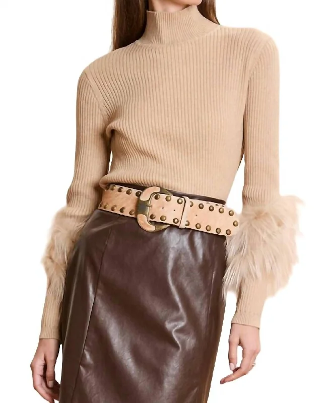 Comfortable And Simple Cashmere Mock Neck With Fur Sweater In Sable