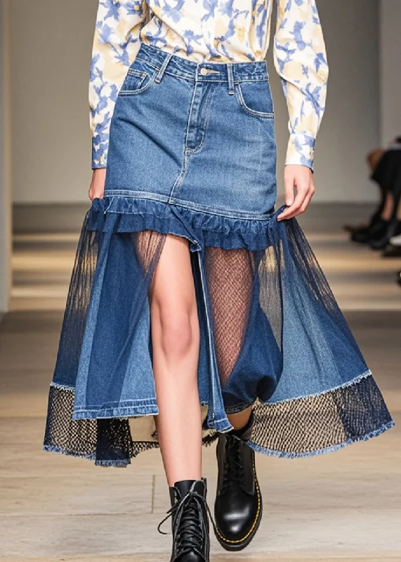 Unique prints French Blue Hollow Out Patchwork Denim Skirt Summer