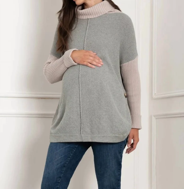 Classic Series Bertra Roll Neck Knit Maternity + Nursing Sweater In Grey Navy