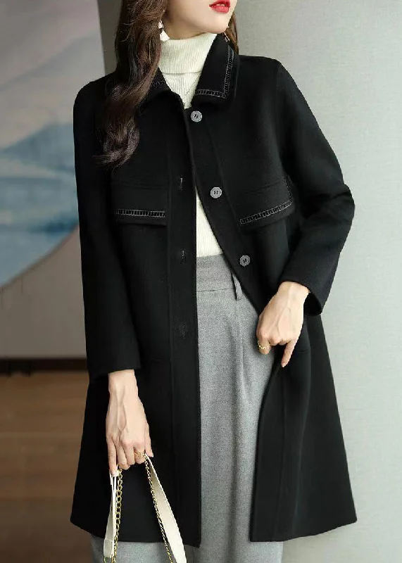 Style Design Black Pockets Patchwork Woolen Coats Peter Pan Collar Long Sleeve