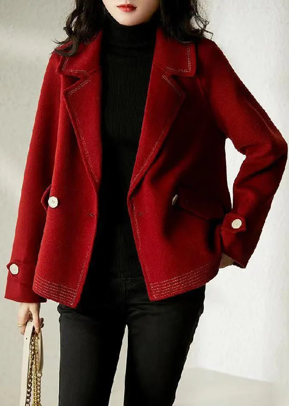 Minimal Style Elegant Wine Red Peter Pan Collar Button Patchwork Woolen Coats Fall