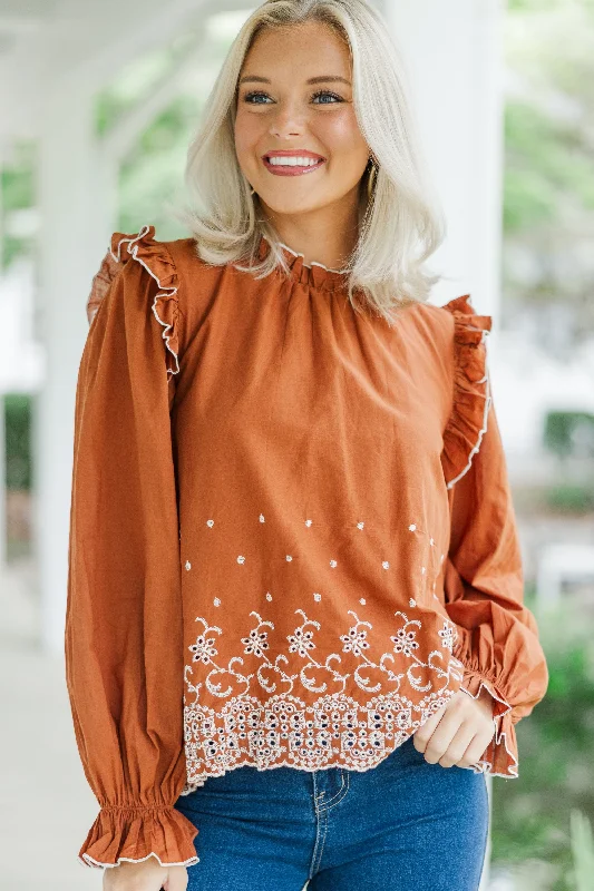 Sweet Girl Feeling Appreciated Dark Amber Eyelet Blouse