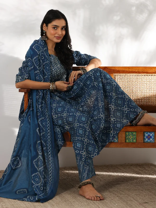 Retro Literary Style Blue Printed Silk Blend A-Line Kurta With Trousers & Dupatta