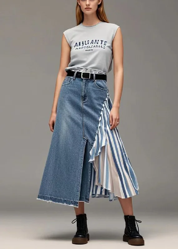 Hooded design French Blue Asymmetrical Patchwork Striped Denim Skirts Spring