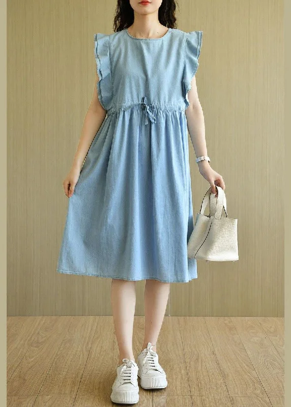 Cool Style Denim Light Blue O-Necktie Waist Summer Cotton Dresses Sleeveless