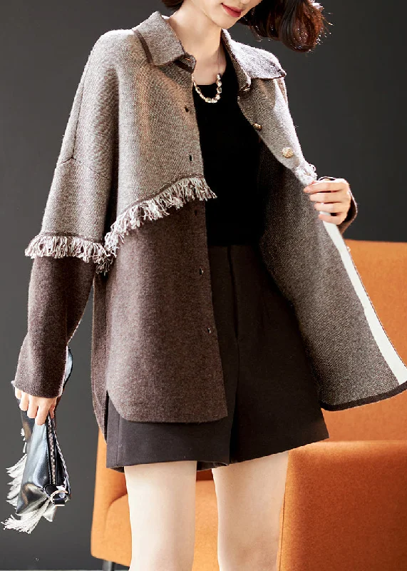 Warm and substantial Boutique Colorblock Tasseled Patchwork Wool Coat Spring