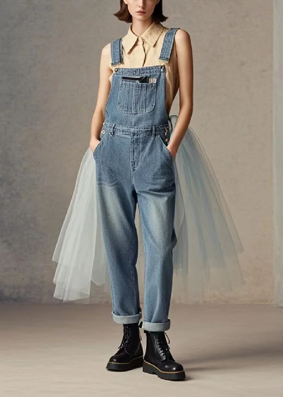 Noble Temperament Fashion Blue Tulle Patchwork Denim Jumpsuit Spring