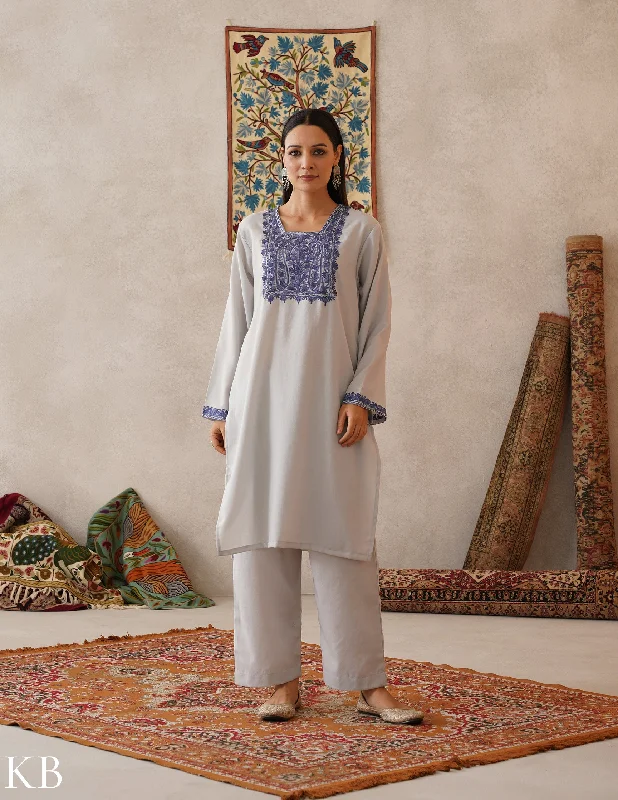 Skirt style meHER Water Grey Kashmiri Aari Woollen Co-ord Set