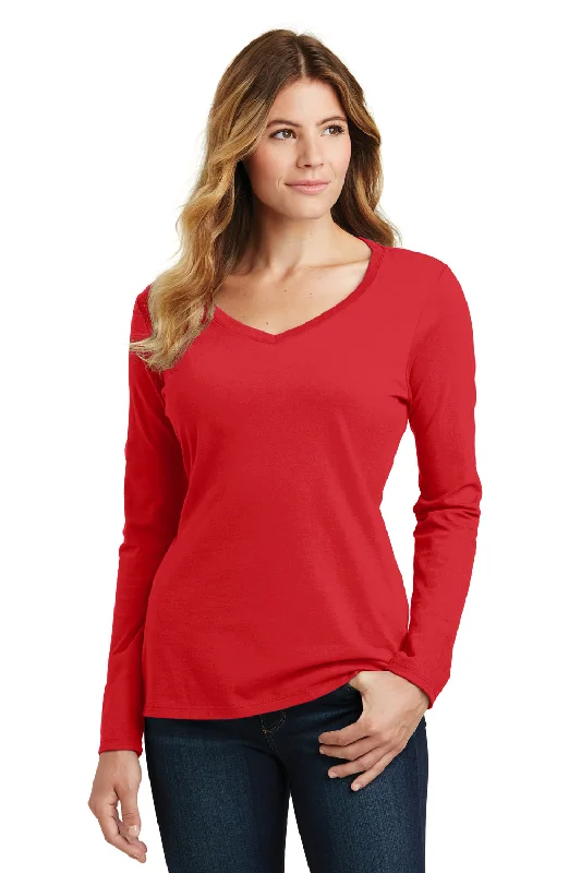 Retro Stripes Port & Company Womens Fan Favorite Long Sleeve V-Neck T-Shirt - Bright Red