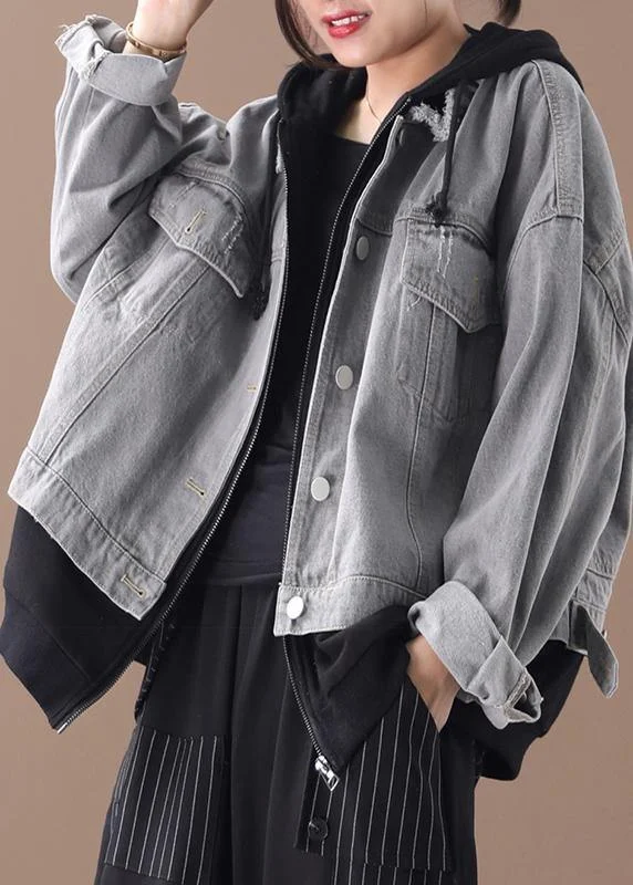 Luxury and fashionable Women denim blue patchwork black Fine tunic coats hooded pockets coat