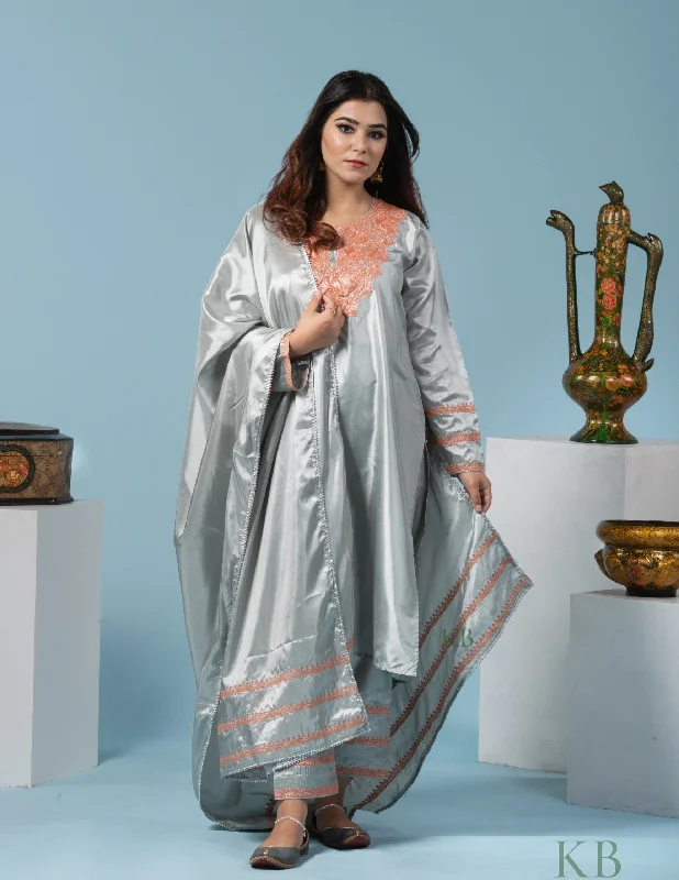 Sweet And Cute Style Zaaem Tilla Embroidered Grey Silk Suit with 2.5 Meters Dupatta