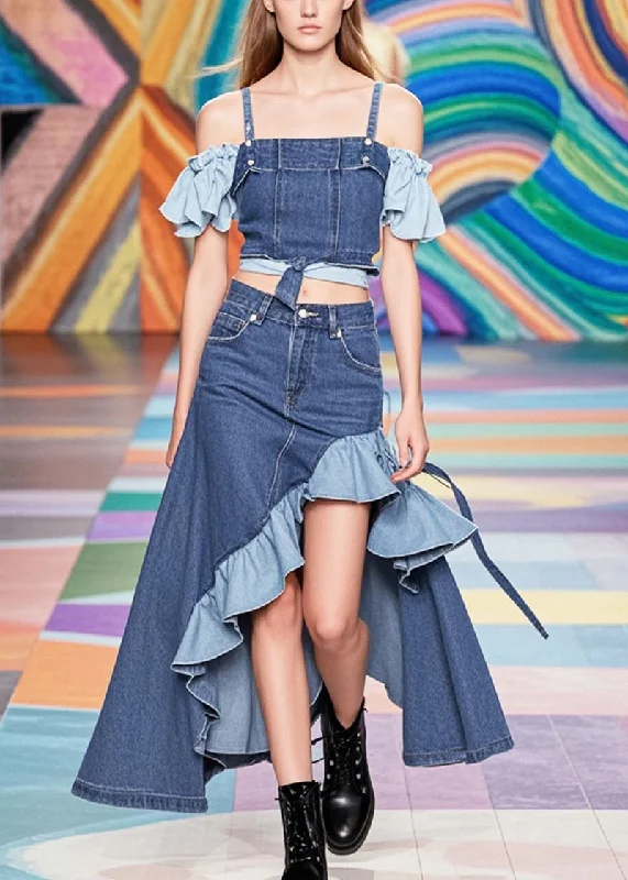 Affordable selection French Navy Asymmetrical Patchwork Ruffles Denim Skirts Fall