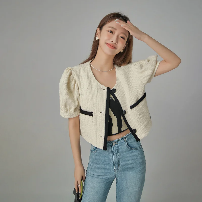 Retro Stripes Puff Sleeve Coco Tweet Crop Jacket