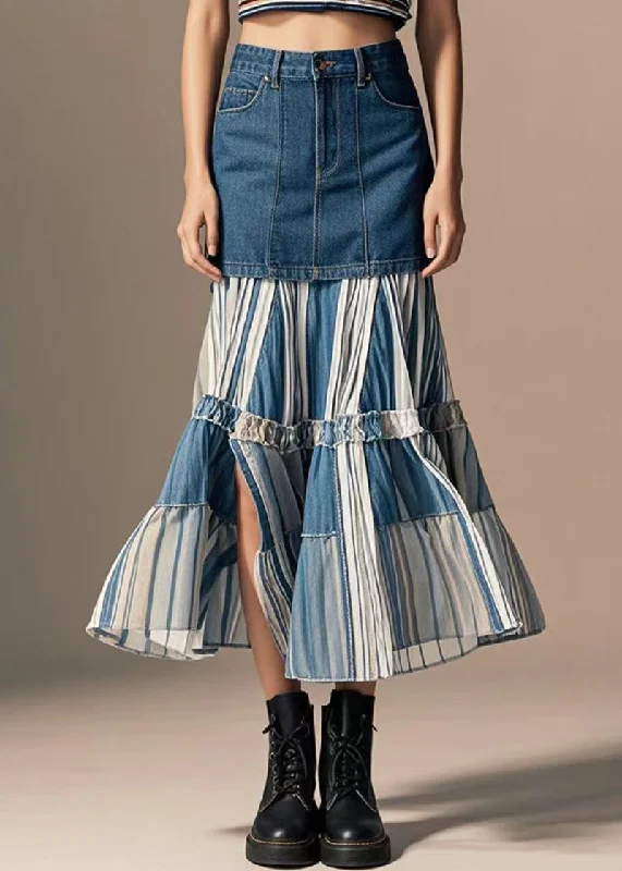 Fashionable and casual Handmade Navy Striped Patchwork Exra Large Hem Denim Skirt Spring