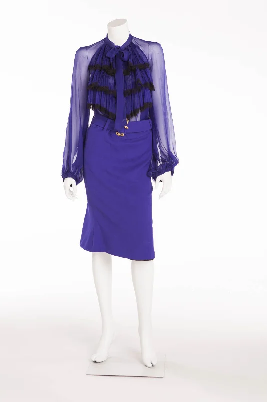 Mid-length Style Roberto Cavalli - 2PC Royal Blue Sheer Blouse Top & Skirt - IT 40