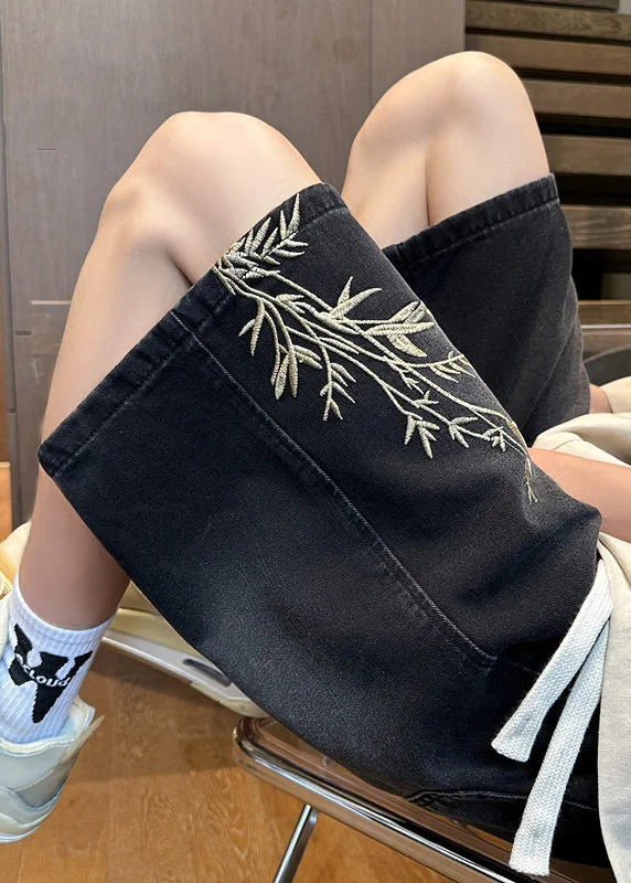 Sweet Fresh Feeling DIY Black Embroideried Pockets Denim Shorts Men Apparel Summer