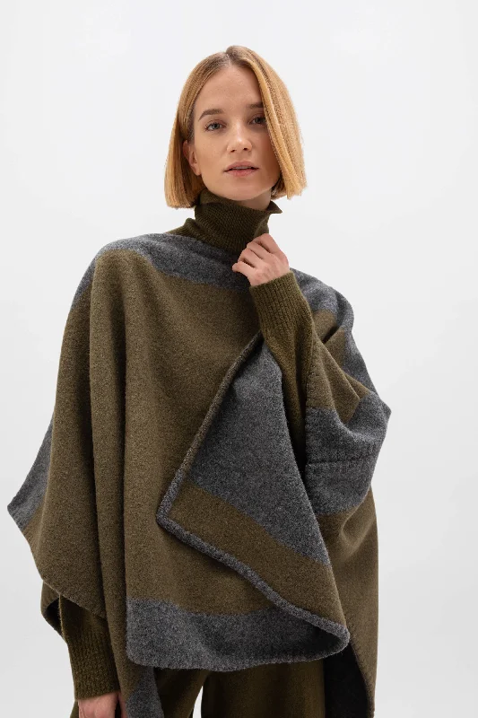 British casual Blanket Stitched Boat Neck Poncho