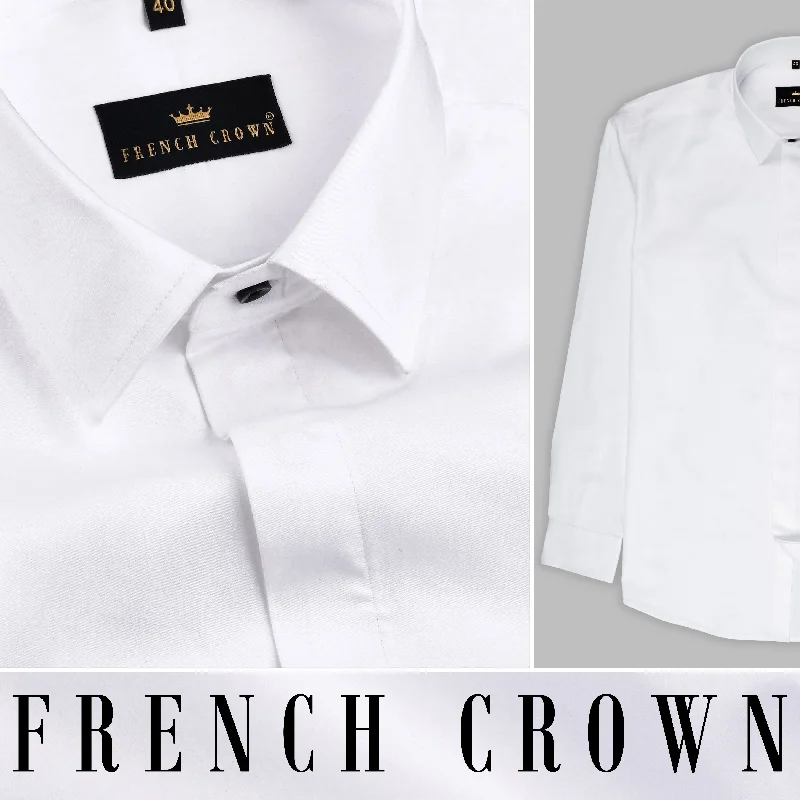 Retro Elegant Style Bright White Subtle Sheen Concealed Placket Super Soft Premium Cotton Shirt