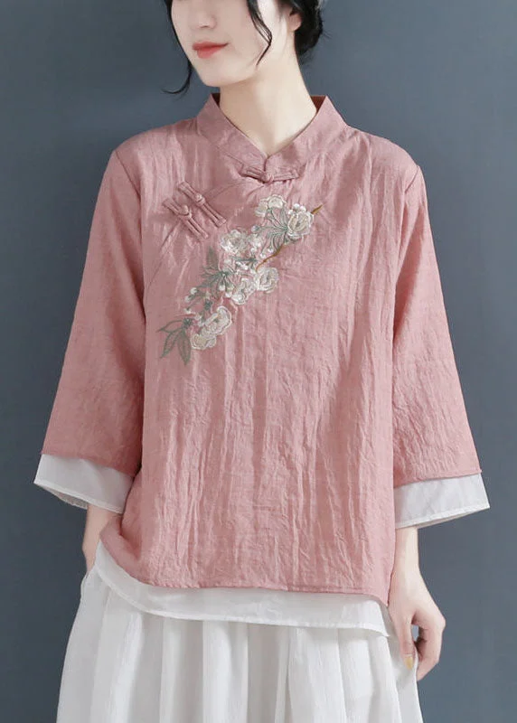 Retro Style Vintage Pink Stand Collar Embroideried Cotton Fake Two Piece Shirts Three Quarter sleeve