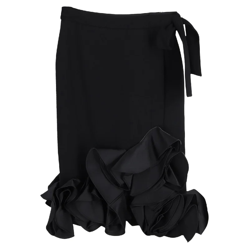 Retro Stripes Victoria Beckham Ruffled Hem Midi Skirt in Black Wool