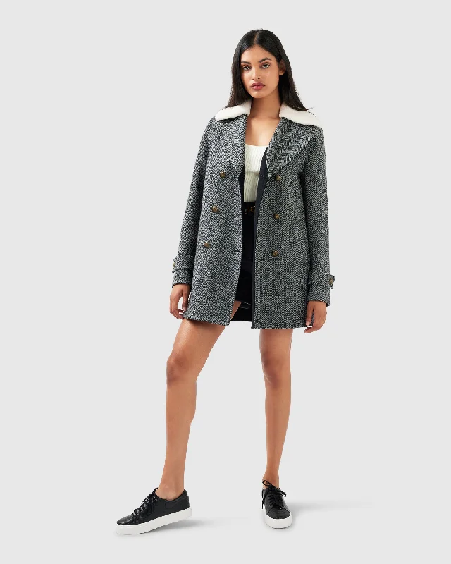 Sweet Small Flower Pattern Liberty Sherpa Collar Wool Blend Coat - Charcoal