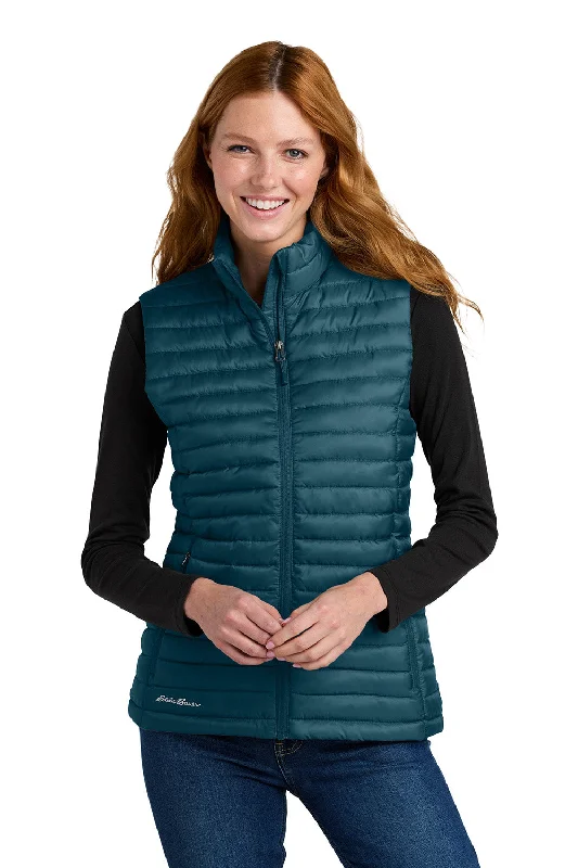 Retro Literary Style Eddie Bauer Womens Packable Quilted Water Resistant Full Zip Vest - Adriatic Blue - New