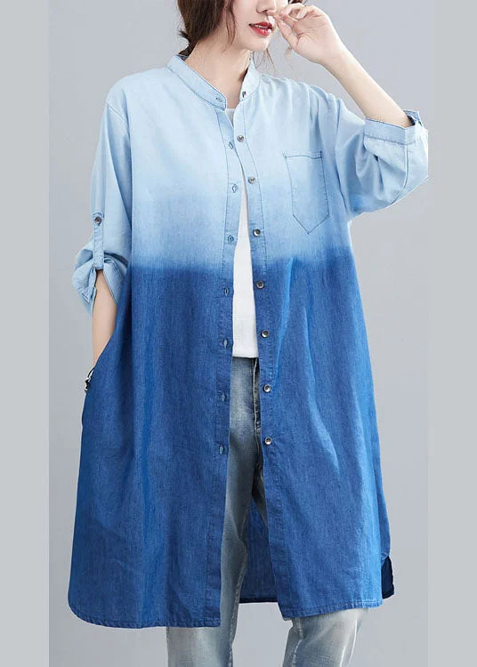 Sweet Korean Style Boho Blue Pockets Button Gradient color Fall Denim Trench Long sleeve