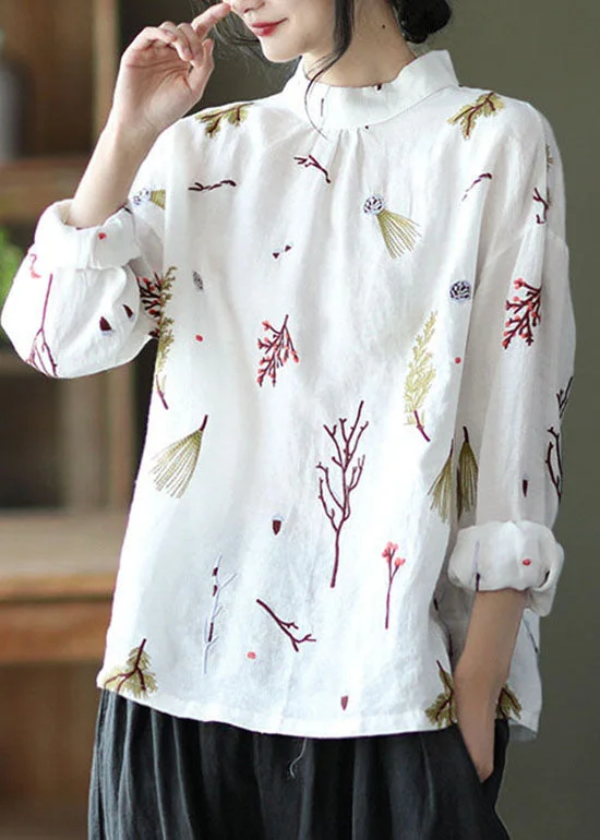 Warm Winter Series White Floral Linen Stand Collar Shirt Top Long Sleeve