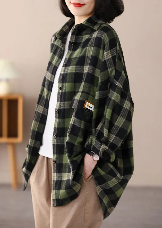 Sports Cool Beautiful Green Oversized Plaid Applique Cotton Shirt Top Spring