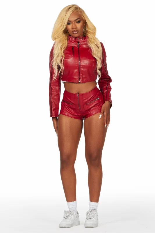 Hooded design Khyyam Red Faux Leather Short