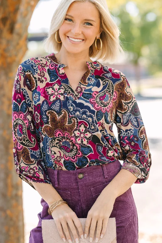 Sweet Chiffon Style Break Through Wine Red Floral Blouse