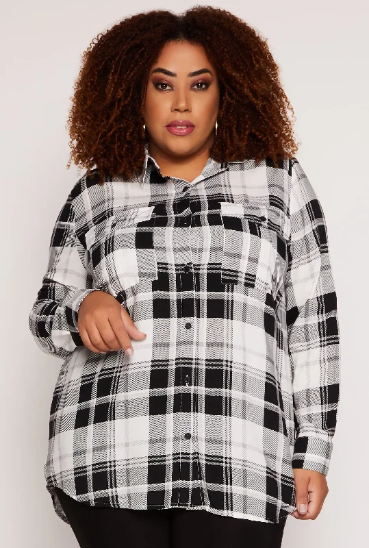 British casual Plus Size Plaid Button Front Blouse