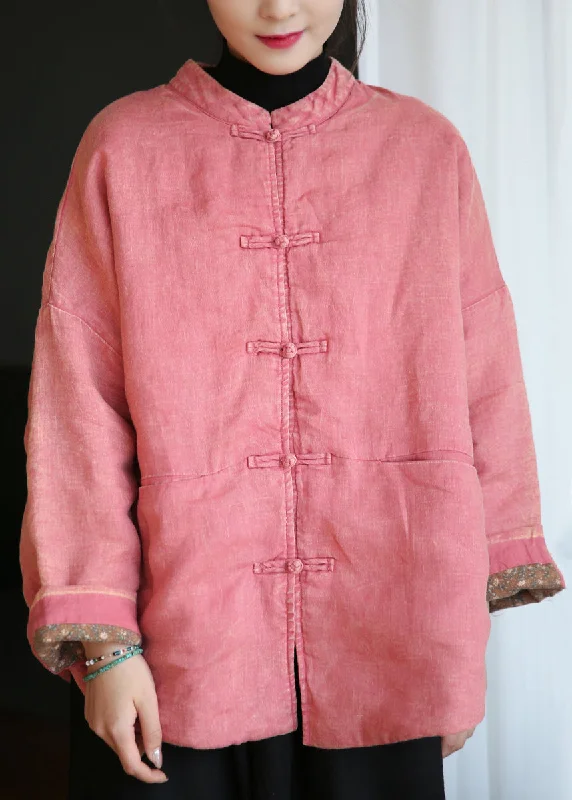 Sweet Small Flower Pattern Loose Pink Button Pockets Cotton Filled Coats Long Sleeve