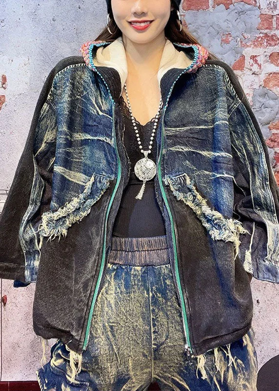 Retro Literary Style Fitted Black hooded Patchwork Fall Denim Long sleeve Coat