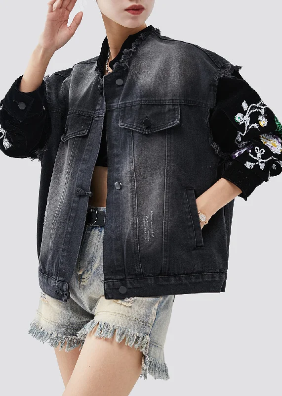 Sweet Puffy Skirt Organic Black Embroideried Patchwork Denim Jackets Spring